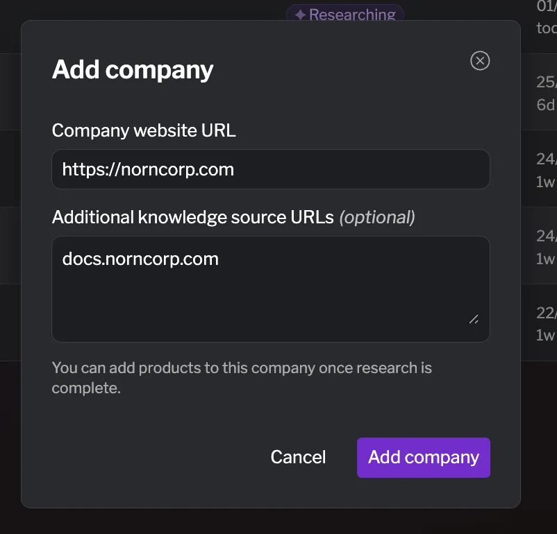 The 'Add company' dialog with the website URL and additional knowledge source fields Add company research