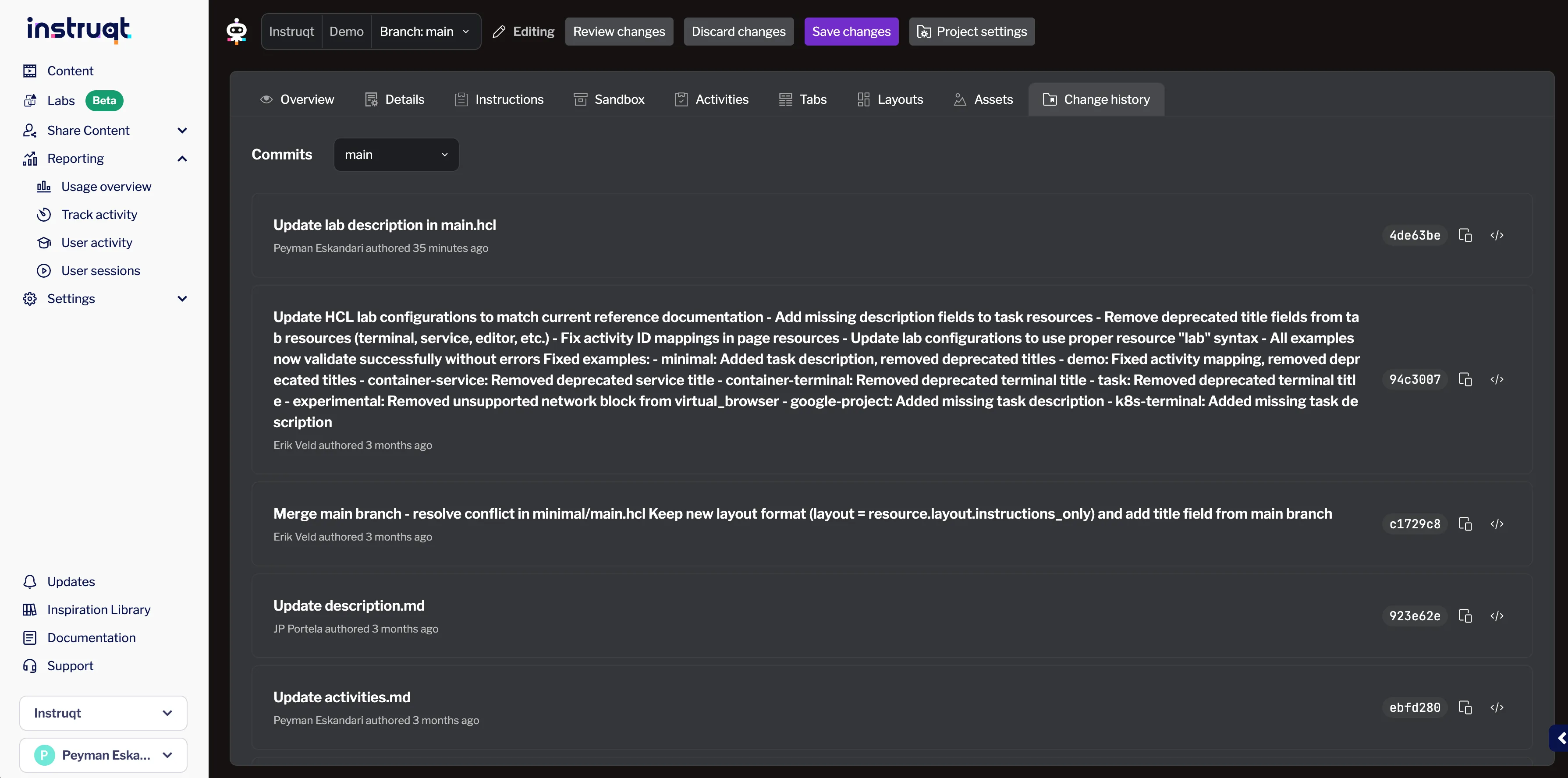 Change history tab showing commit list Change history tab showing commit list