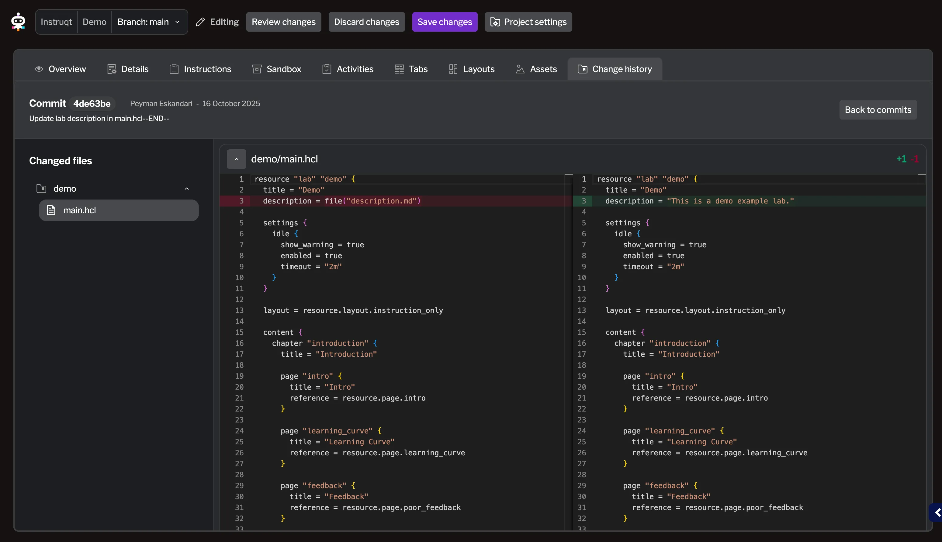 Detailed commit view showing file changes