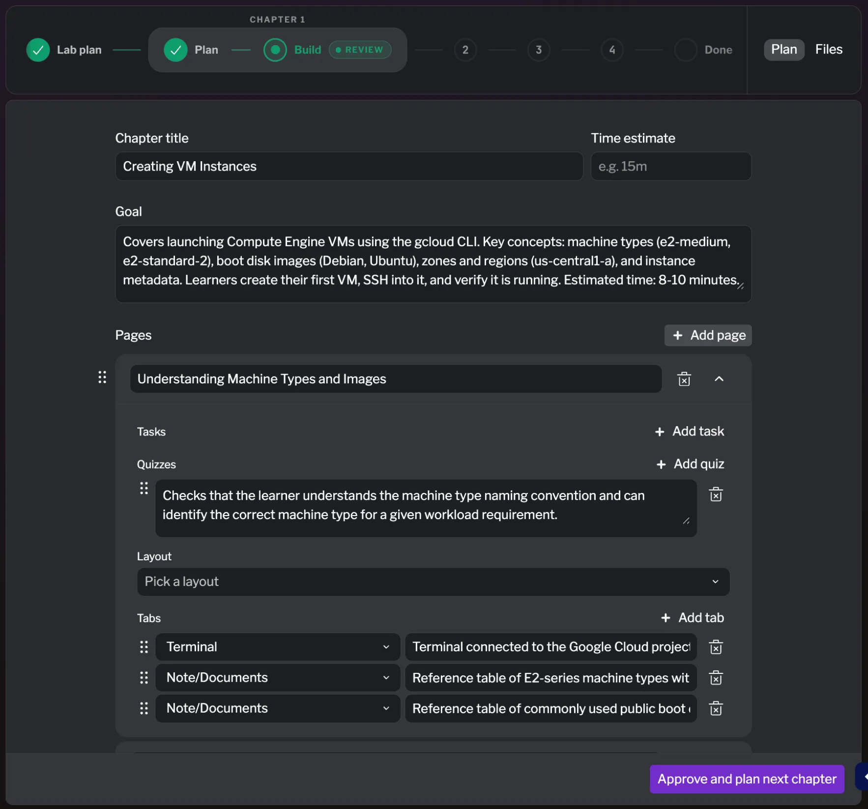 A chapter in the plan view showing its pages and activities with the Approve and Build action