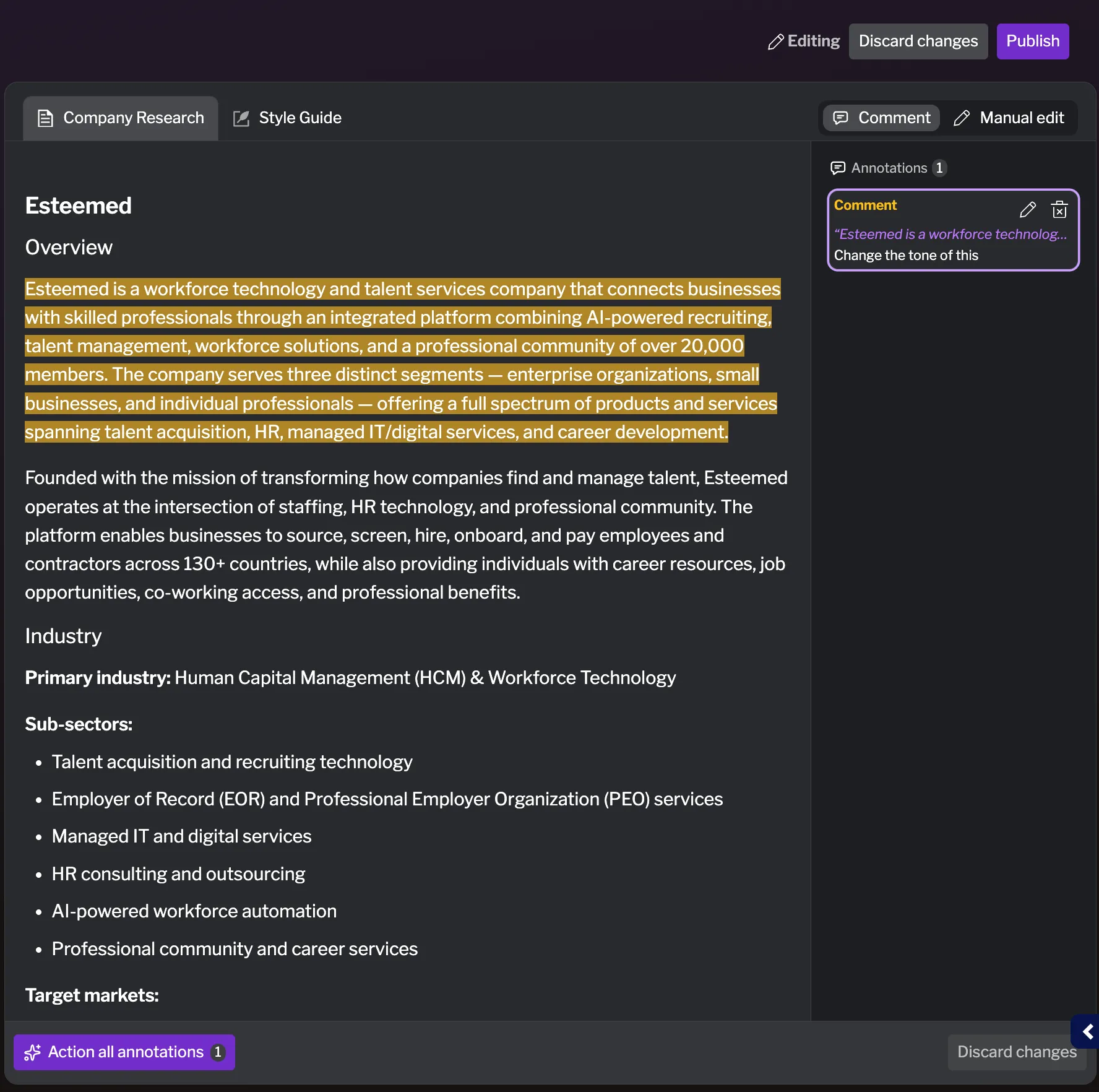Comment mode with selected text, the floating toolbar, and the annotation sidebar listing annotations Comment editing