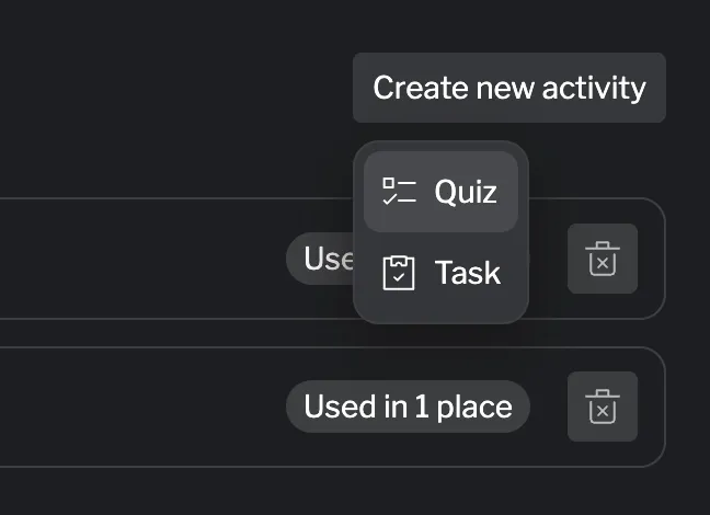 Create new activity button and task option Create new activity button and task option