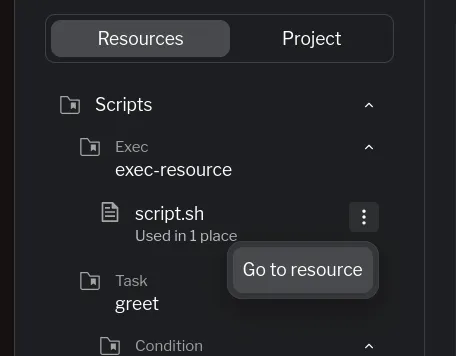 Context menu showing the Go to resource action on a script