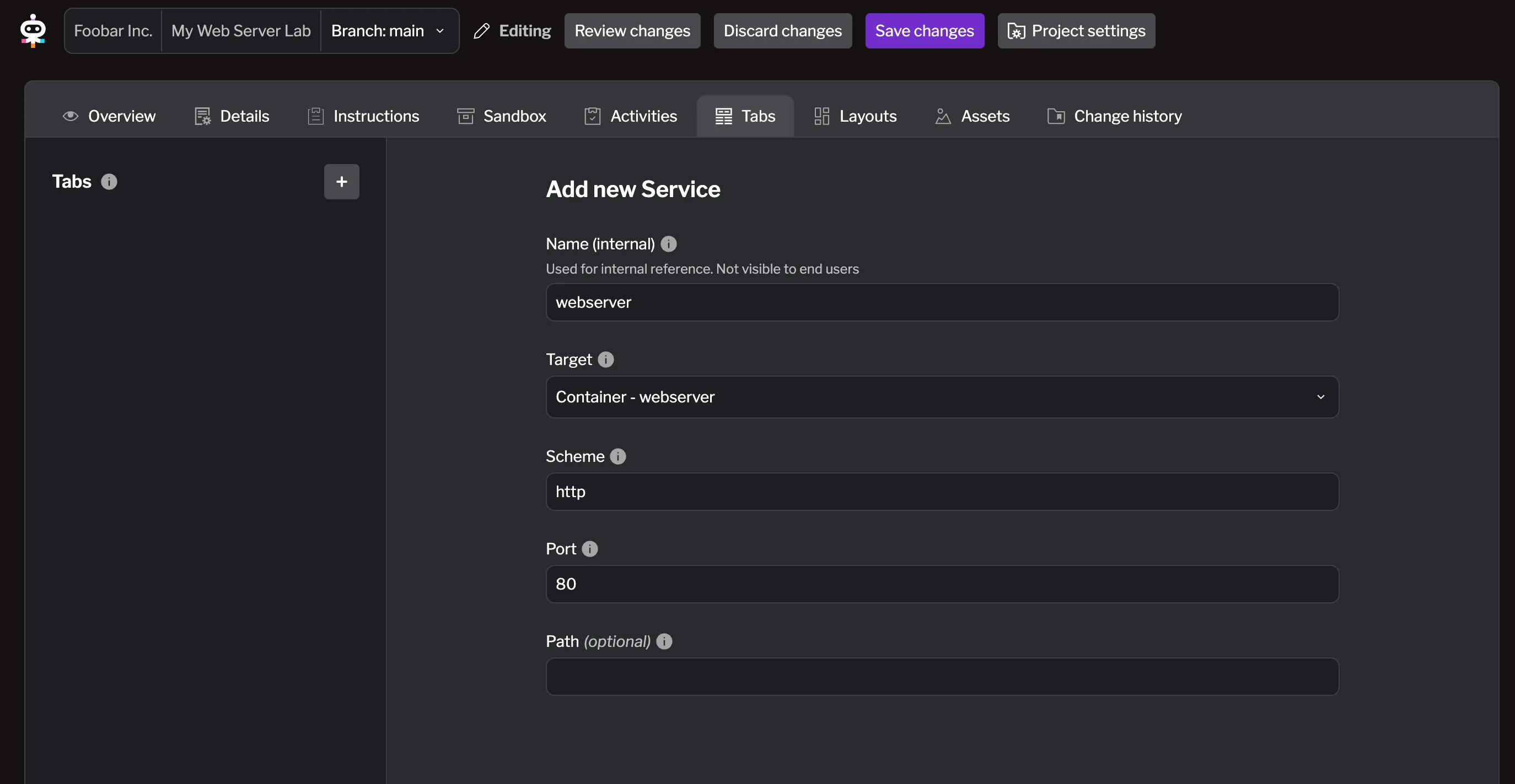 Creating the service tab Creating the service tab