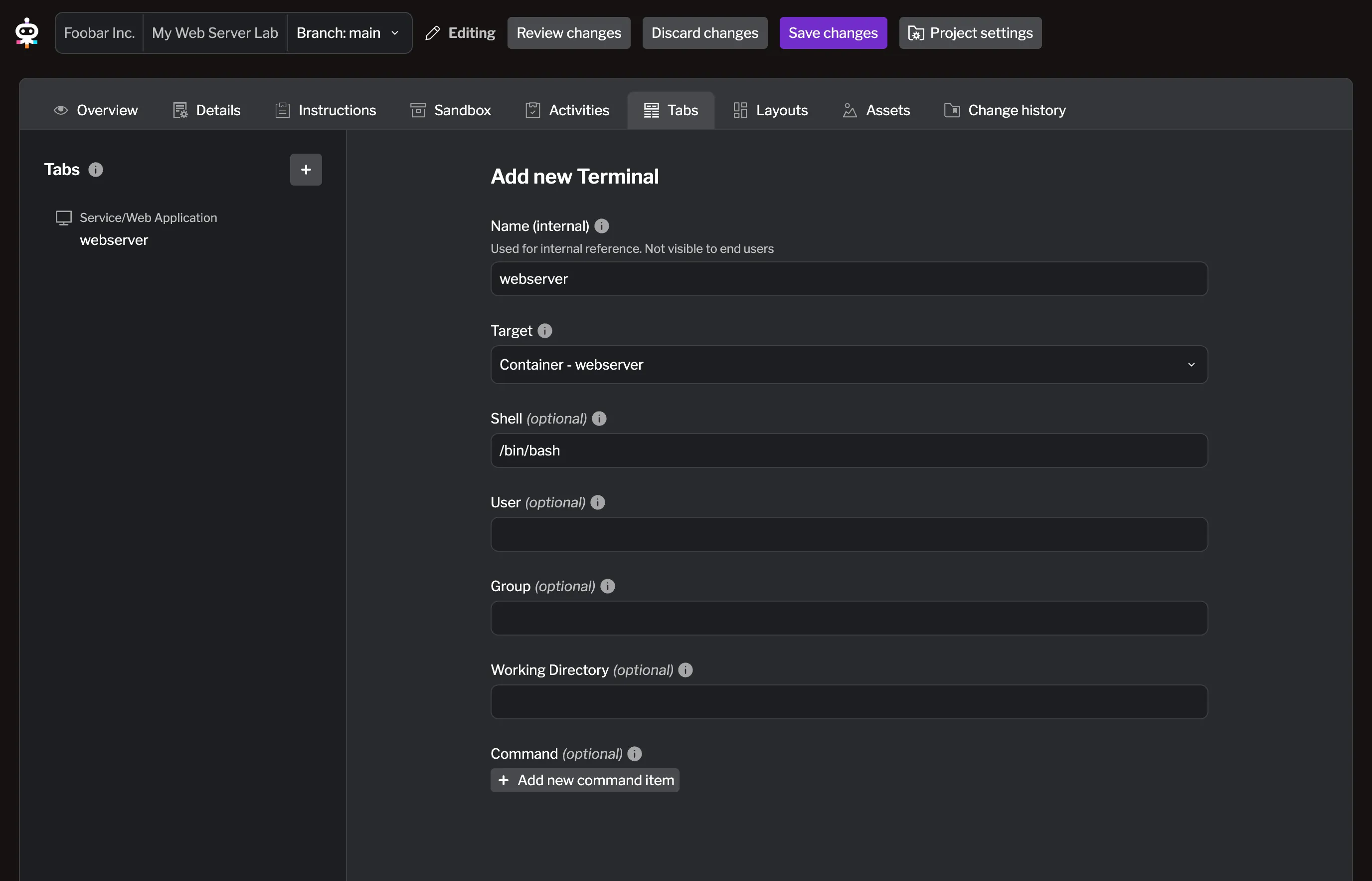 Creating the terminal tab Creating the terminal tab