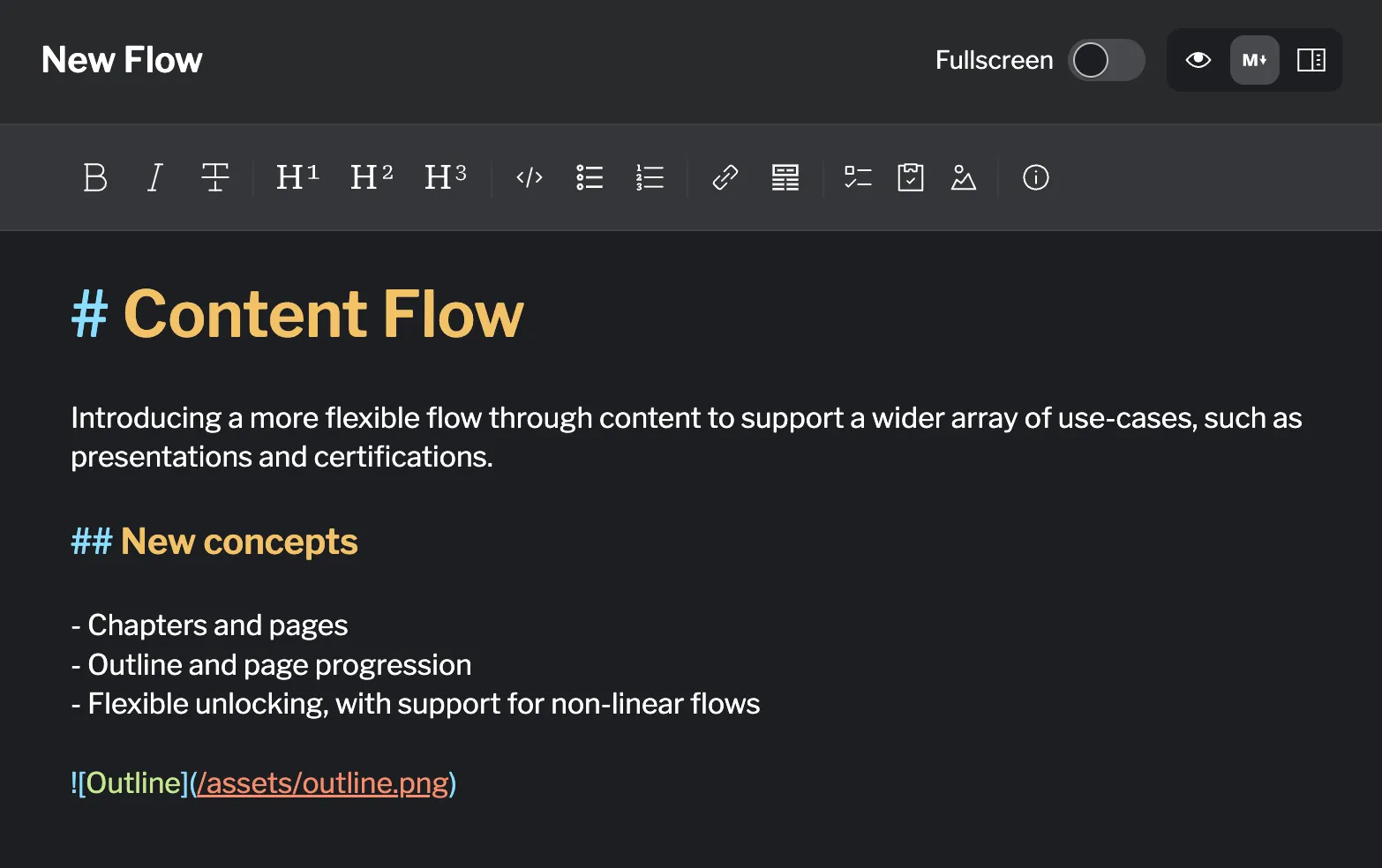 The markdown editor provides tools for creating rich instructional content Editor interface overview