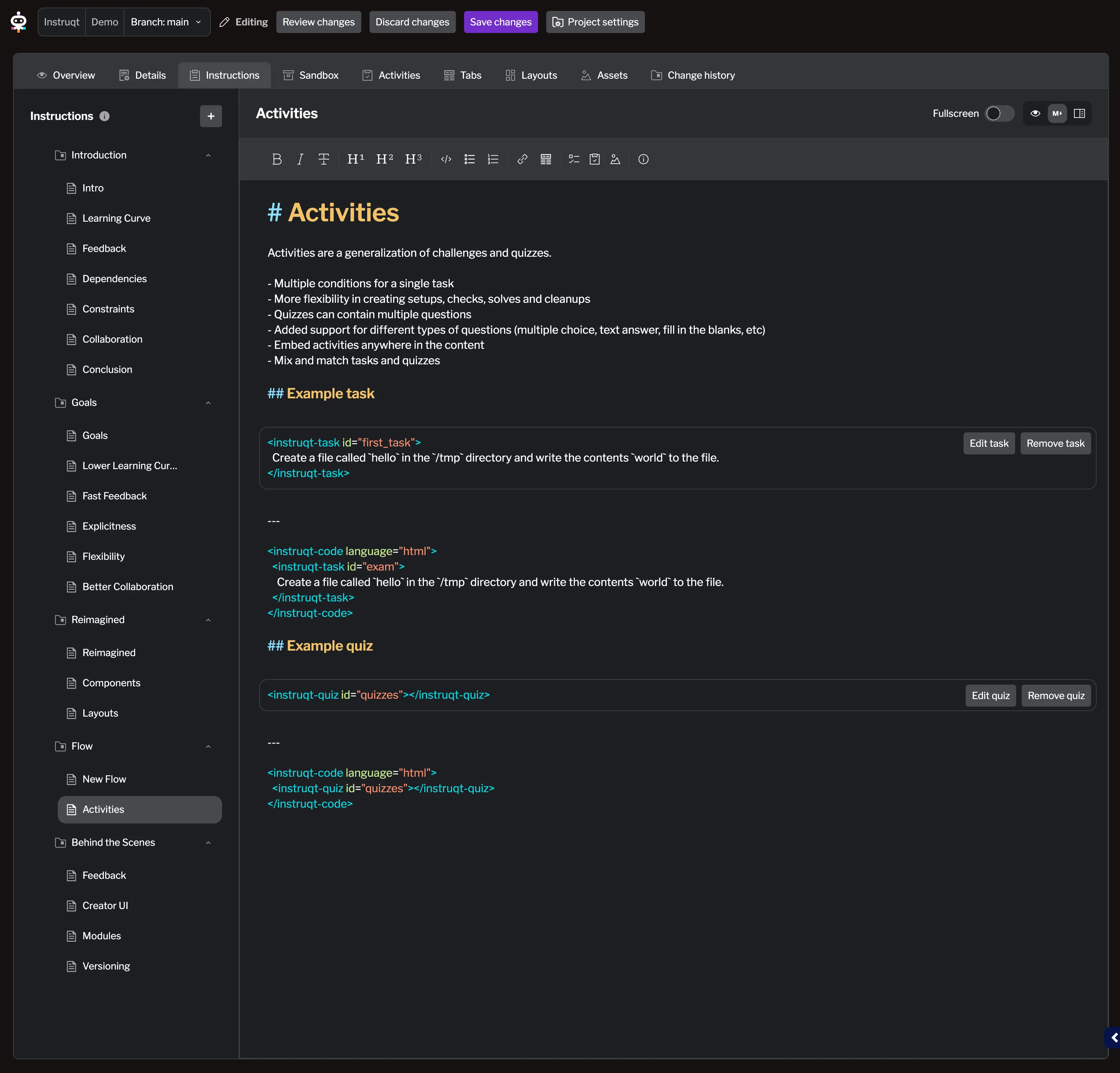 The Instructions tab is where you create and organize your lab's learning content Instructions UI Overview
