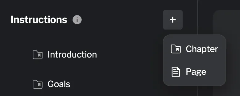 The + button lets you add chapters or pages Plus button menu