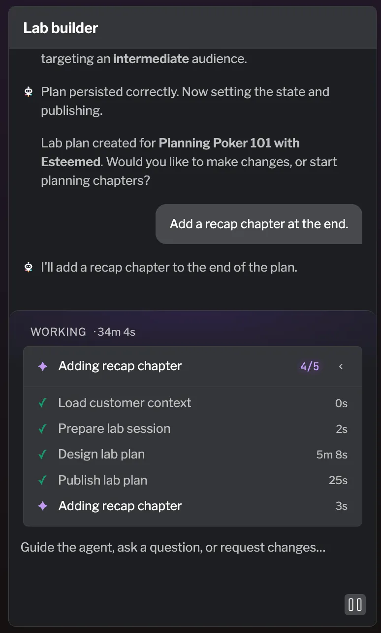 The lab builder chat panel with streamed progress and the message input