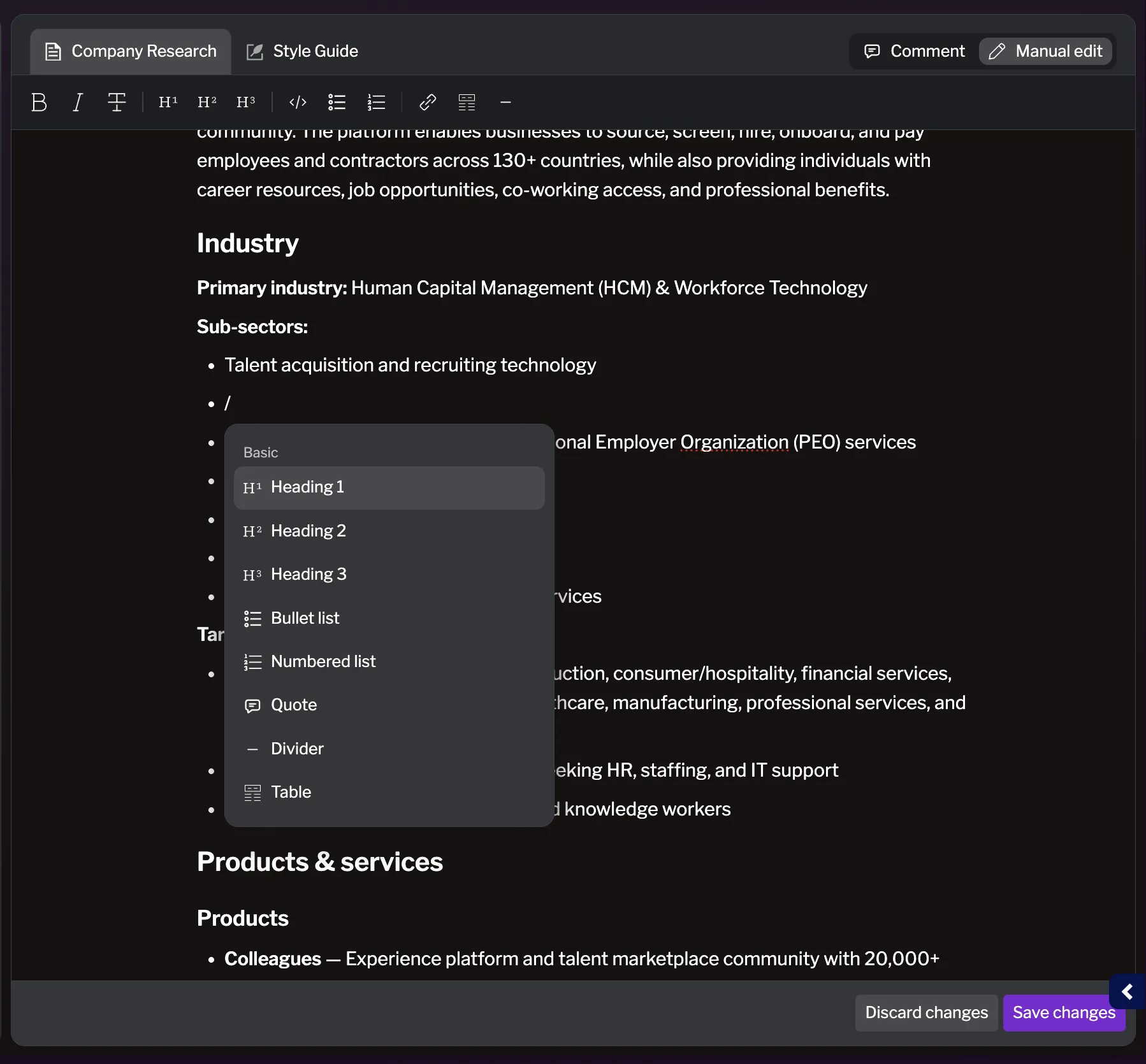 Manual edit mode showing the Markdown editor and the Save changes / Discard changes actions Manual Editing