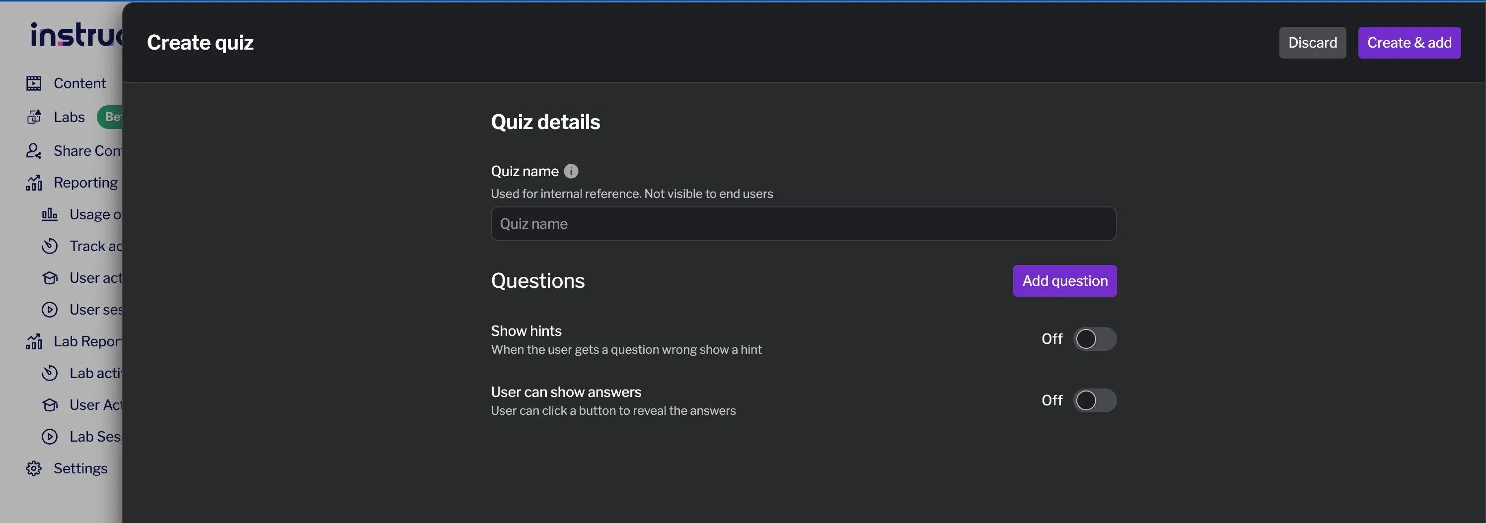 Quiz creation drawer showing name, questions, and settings Quiz creation drawer showing name, questions, and settings