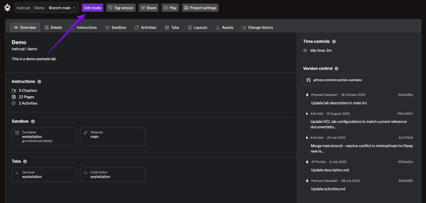 Click the Edit mode button to start editing the lab Edit-mode