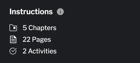 Instructions summary showing 5 Chapters, 22 Pages, and 2 Activities Instructions summary showing counts