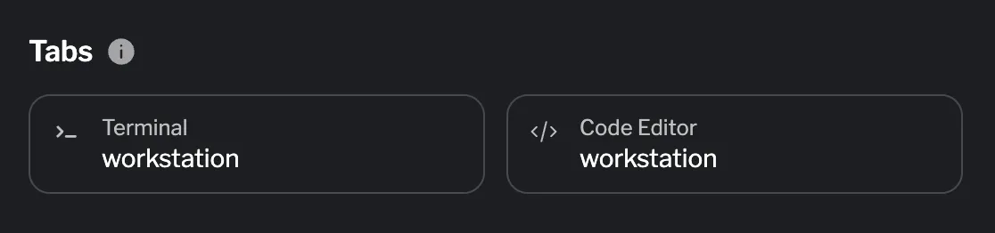 Tabs section showing Terminal and Code Editor tabs List of UI tabs