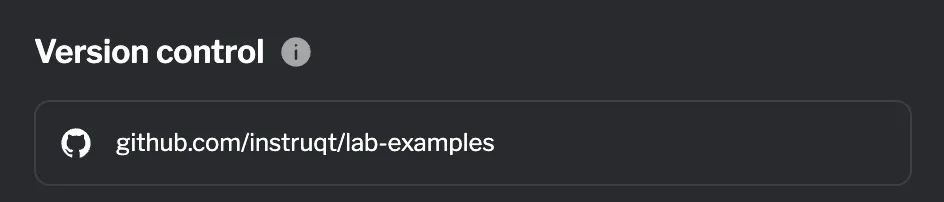 Connected repository showing github.com/instruqt/lab-examples Version control connected showing repository and commits