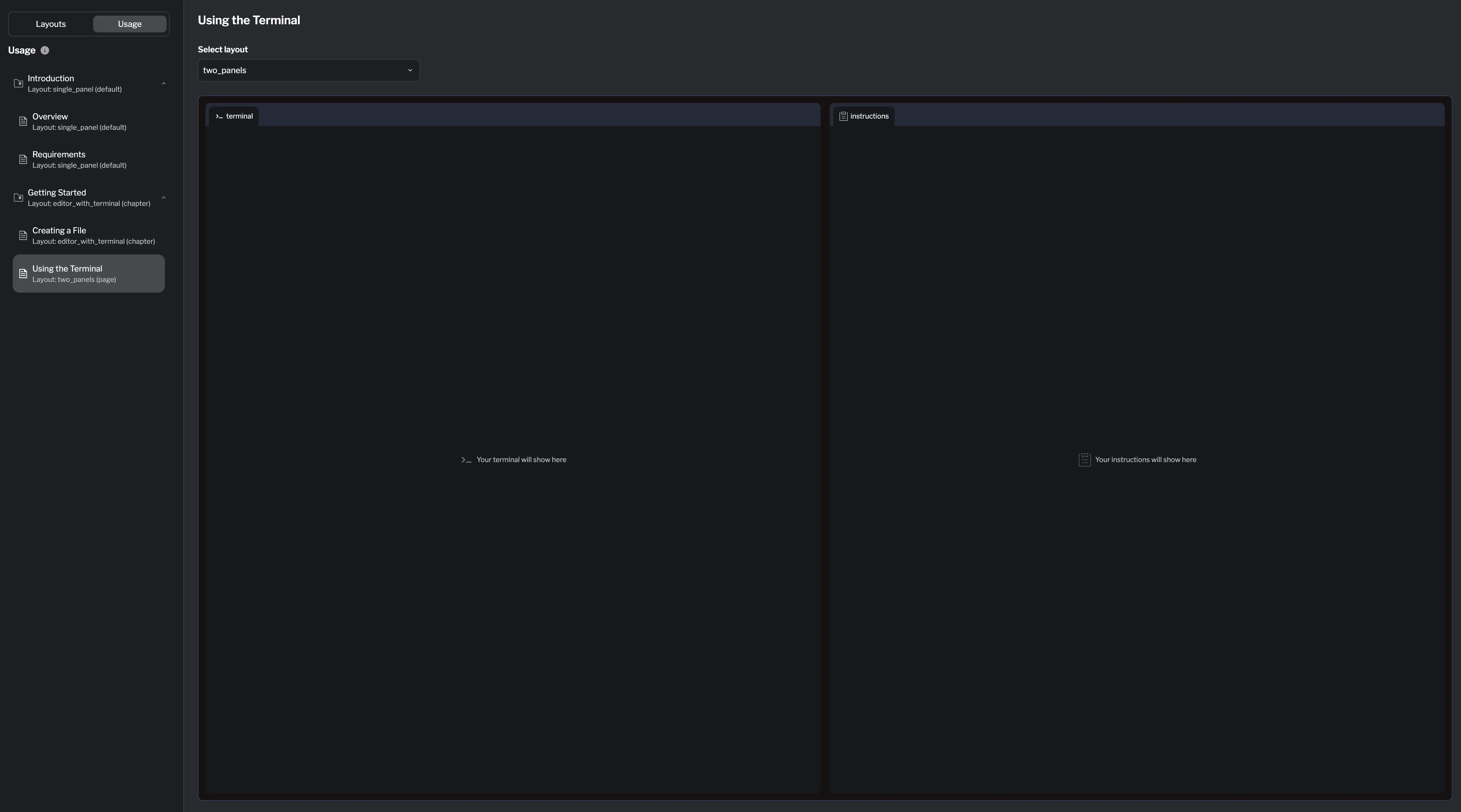 Using a Terminal page using a two-panel layout