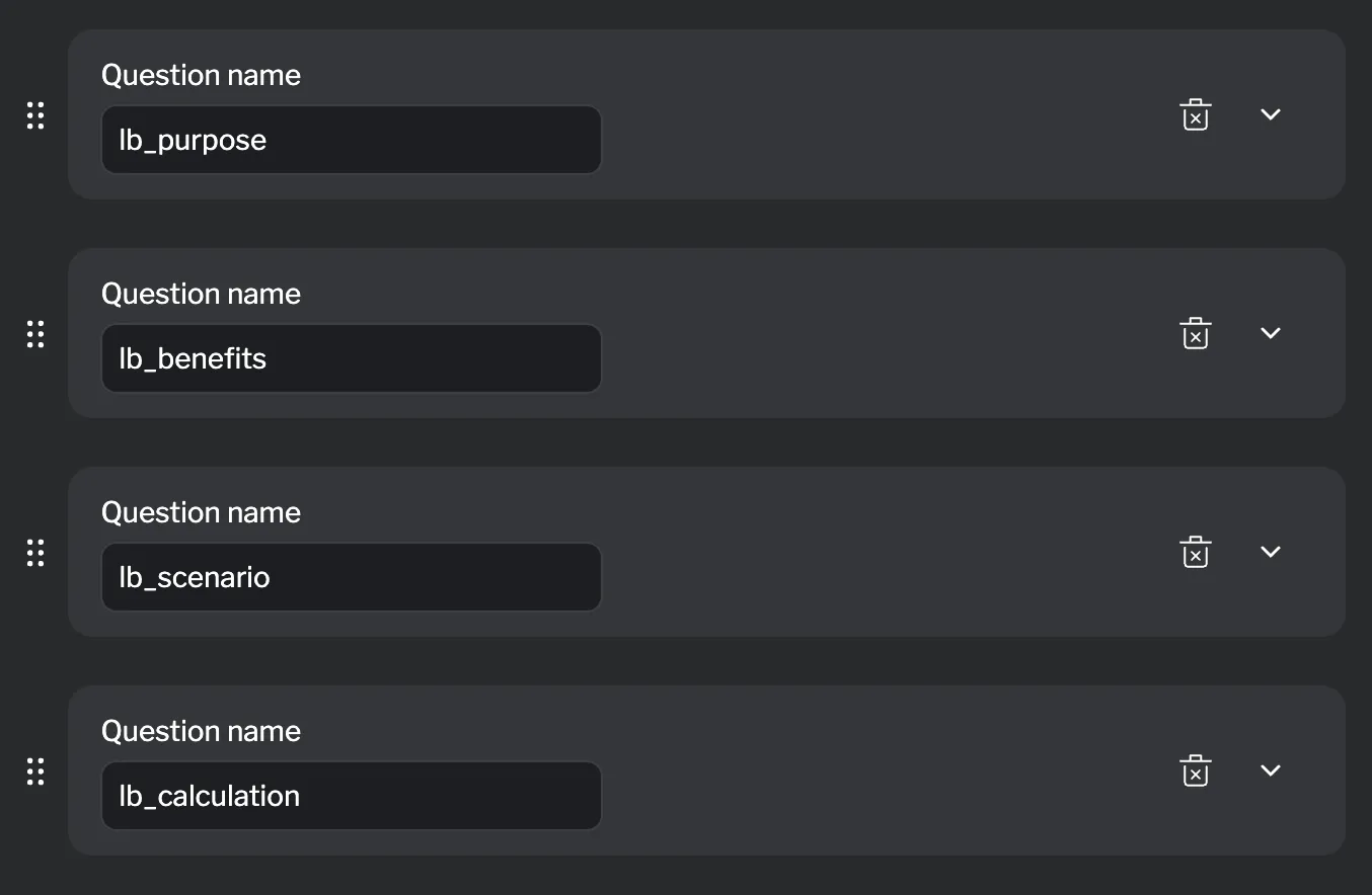 Collapsed questions showing drag handles for reordering Quiz drawer showing collapsed question cards with drag handles on the left, delete buttons, and expand arrows