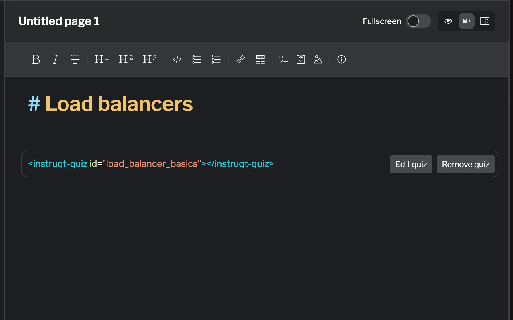 Quiz component with inline edit and delete controls Quiz component in markdown showing edit and delete action buttons