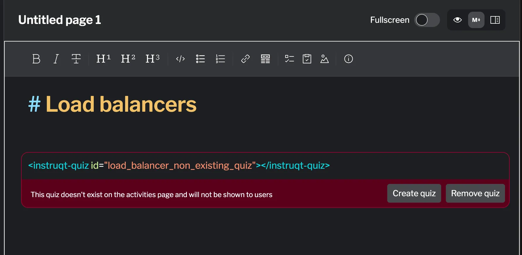 Warning for non-existent quiz with remove and create options Non-existent quiz reference in markdown with warning and options to remove or create
