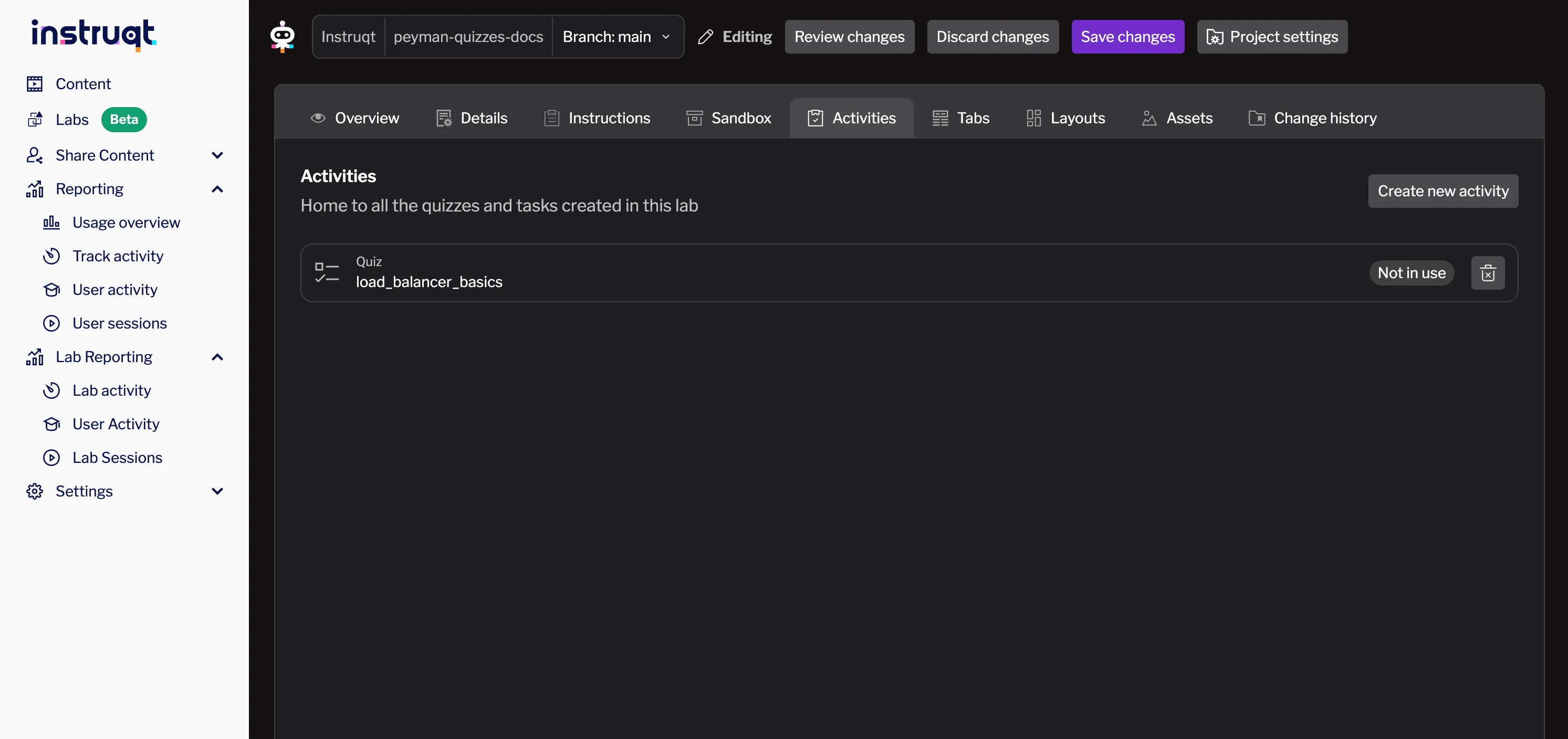 Quiz with no usage indicator Activities list showing a quiz that is not used in any pages