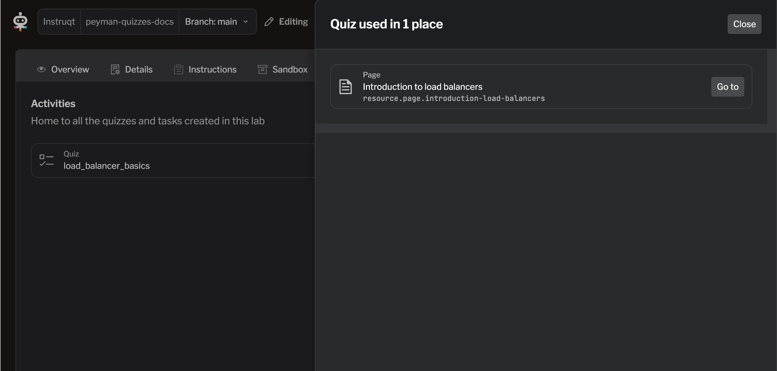 Usage drawer showing pages containing the quiz Quiz usage drawer displaying all pages that use this quiz