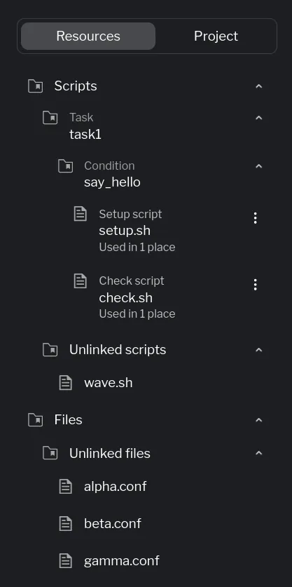 Resources subtab showing scripts grouped by resource
