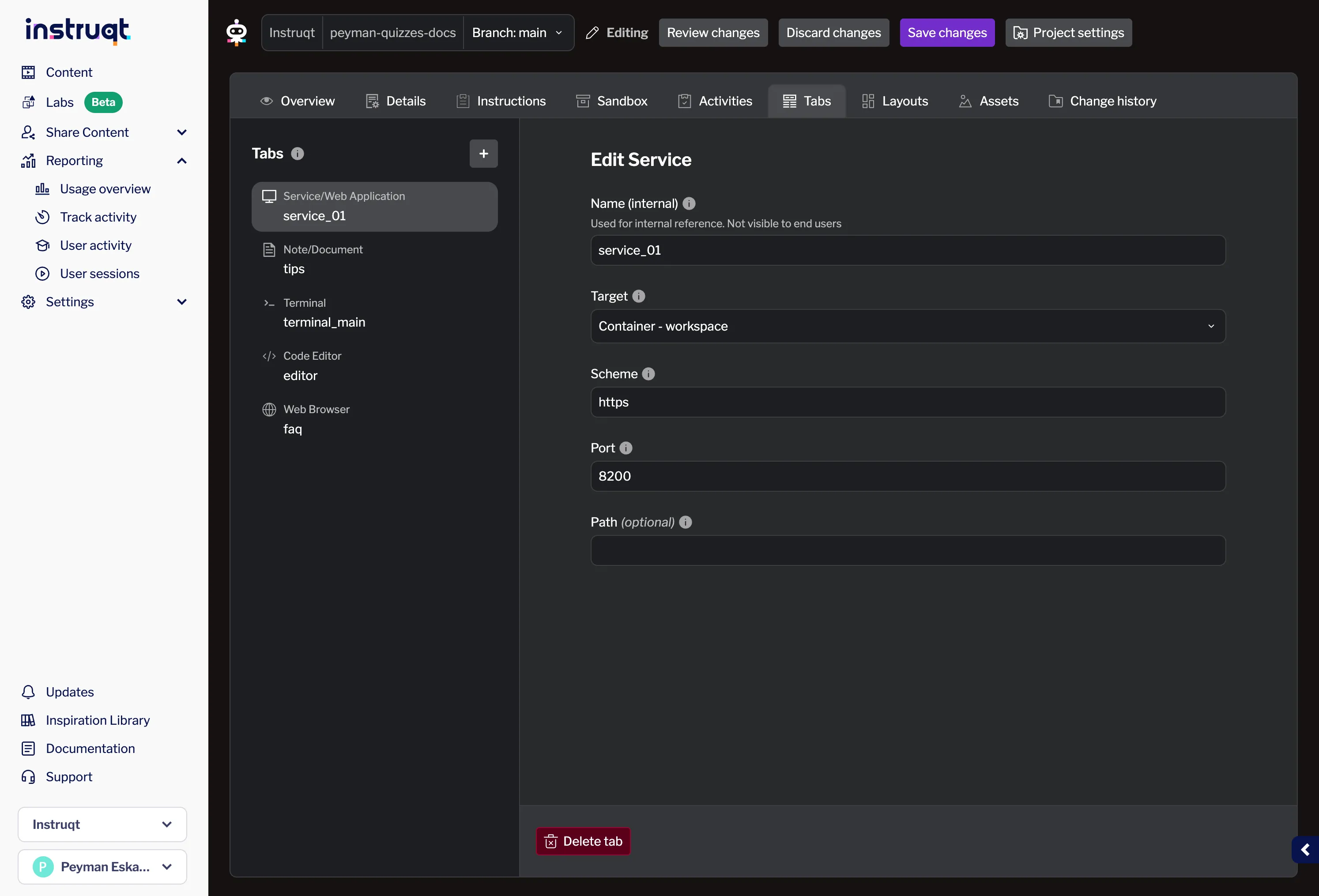 Screenshot showing a lab interface with multiple tabs including terminal, service, editor, external website, and note