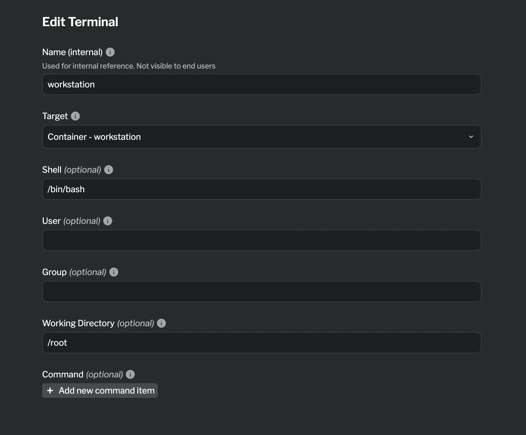 Terminal tab configuration form