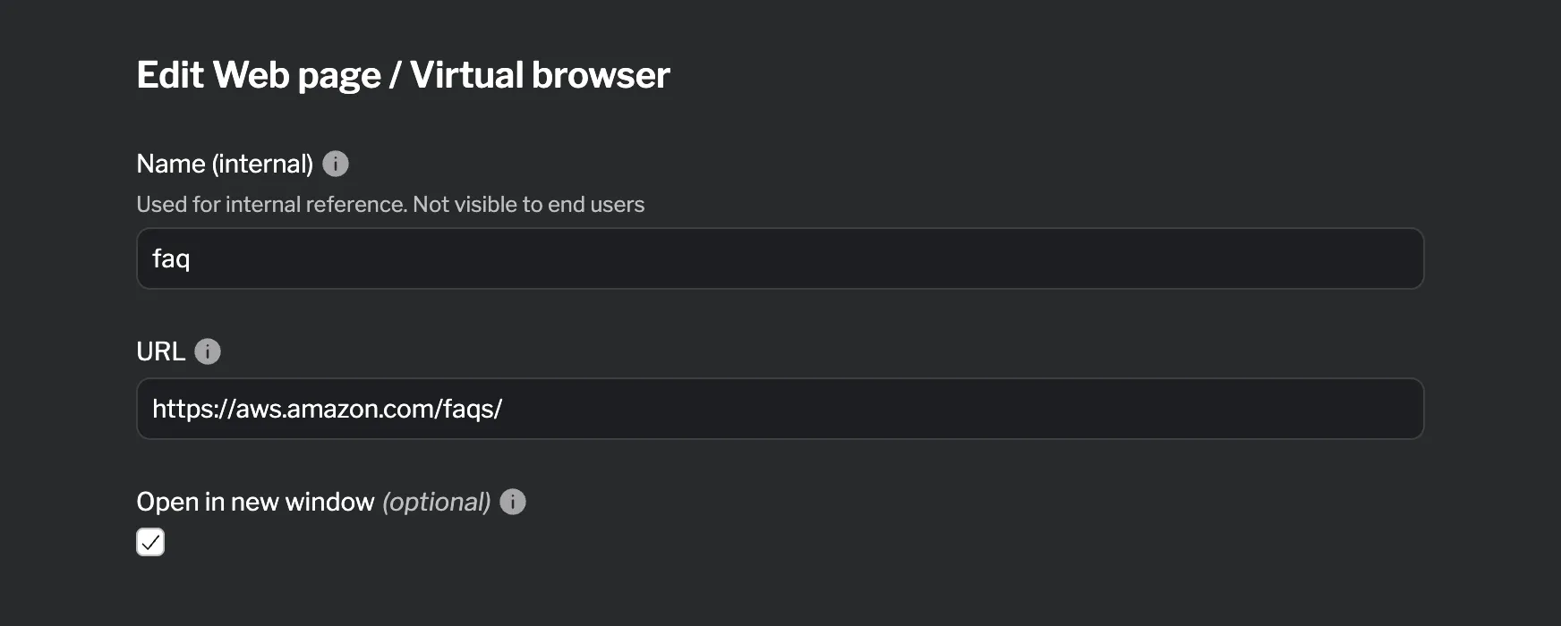 External website tab configuration form