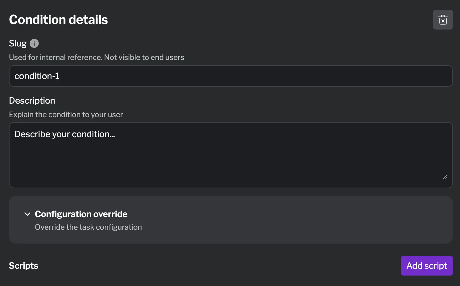 Condition configuration with slug and description Condition details form showing slug, description, and configuration override