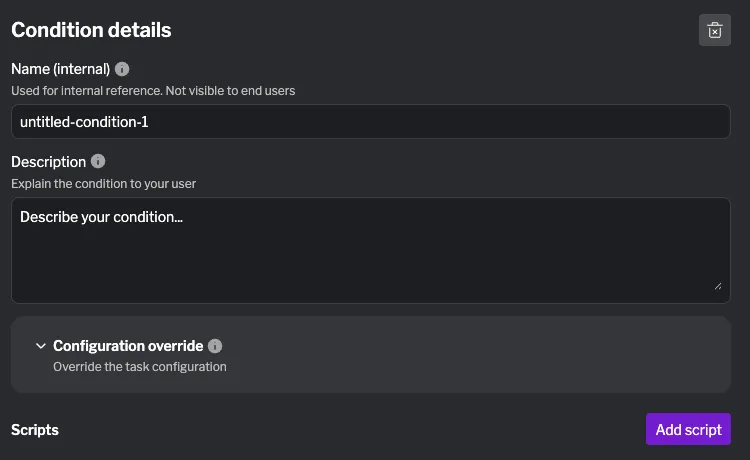 Condition details form showing name, description, and configuration override