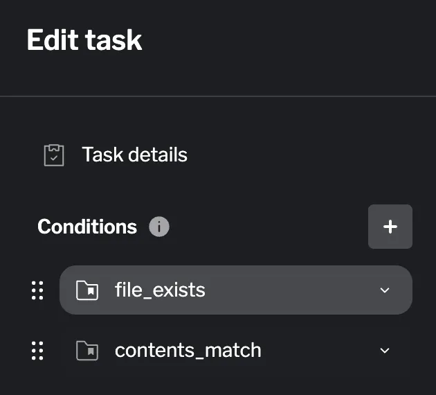 Task drawer showing collapsed condition cards with drag handles on the left, delete buttons, and expand arrows