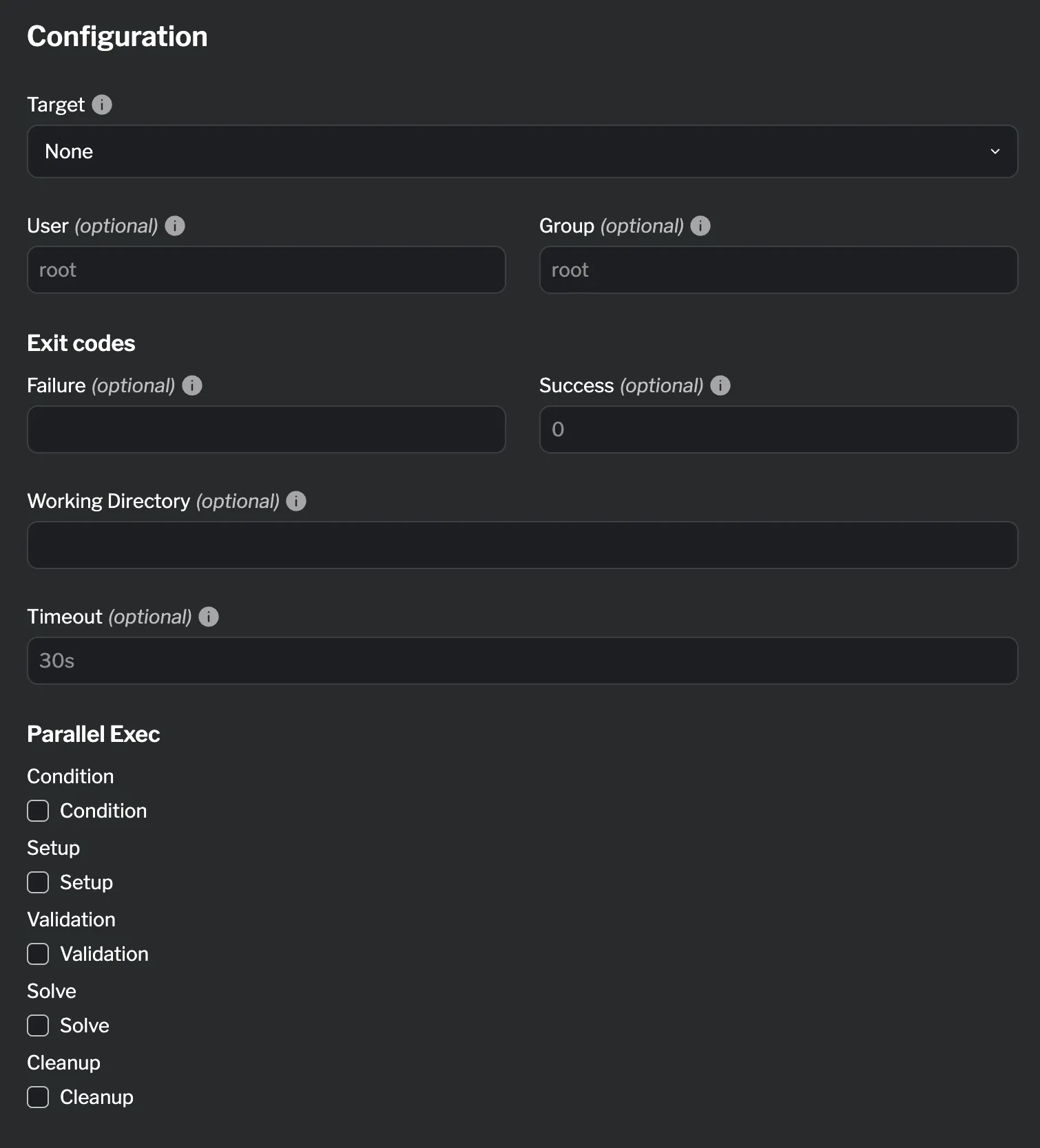 Task configuration section showing target, user, group, exit codes, working directory, timeout, and parallel execution options