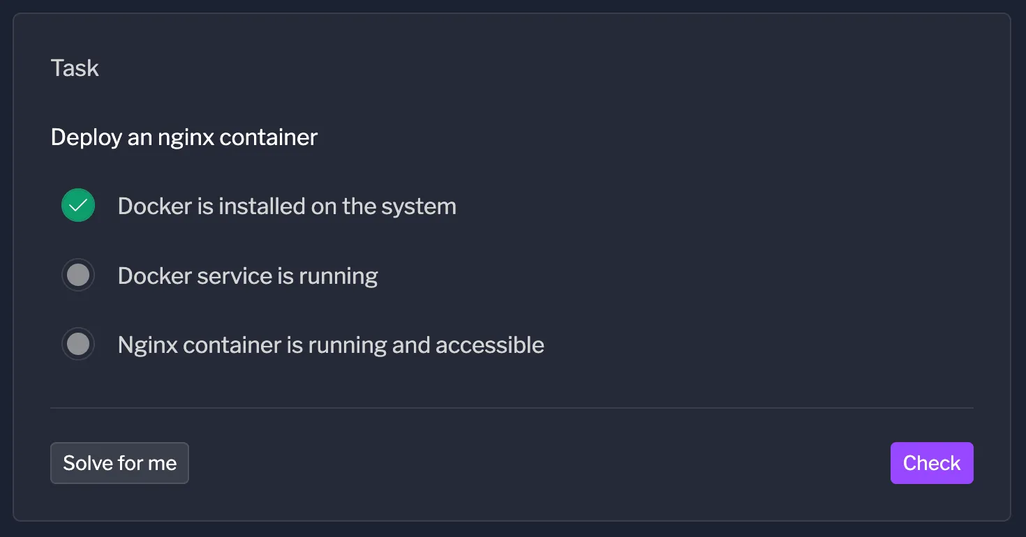 A task showing three conditions: Docker is installed (completed with checkmark), Docker service is running (pending), and Nginx container is running (pending). The interface includes a purple "Check" button for validation.