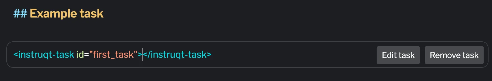 Task component with inline edit and delete controls Task component in markdown showing edit and delete action buttons