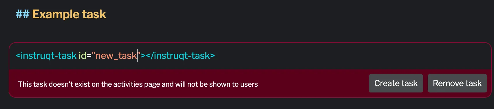 Warning for non-existent task with remove and create options Non-existent task reference in markdown with warning and options to remove or create