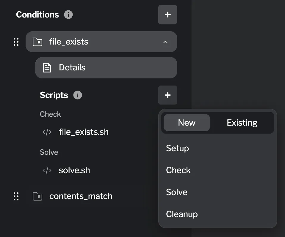 Script addition modal showing New and Existing tabs