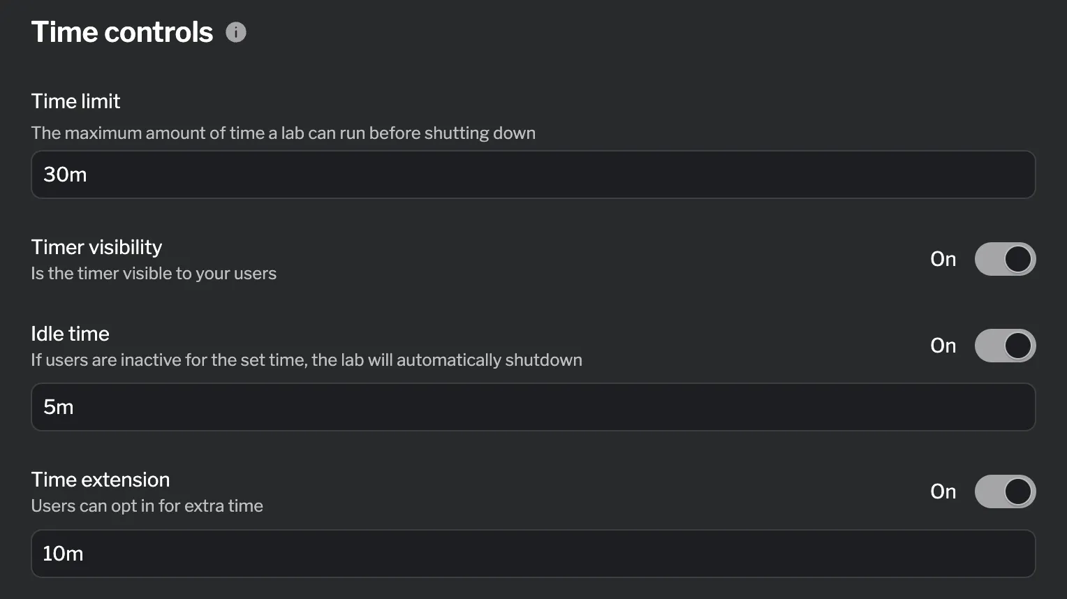 Configure time limits, timer visibility, idle behavior, and extensions Time controls section
