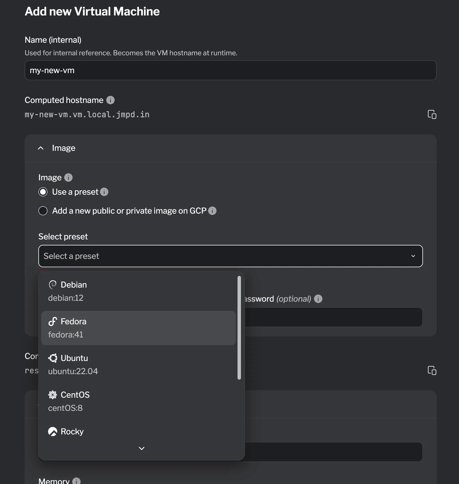 Select a preset for the VM