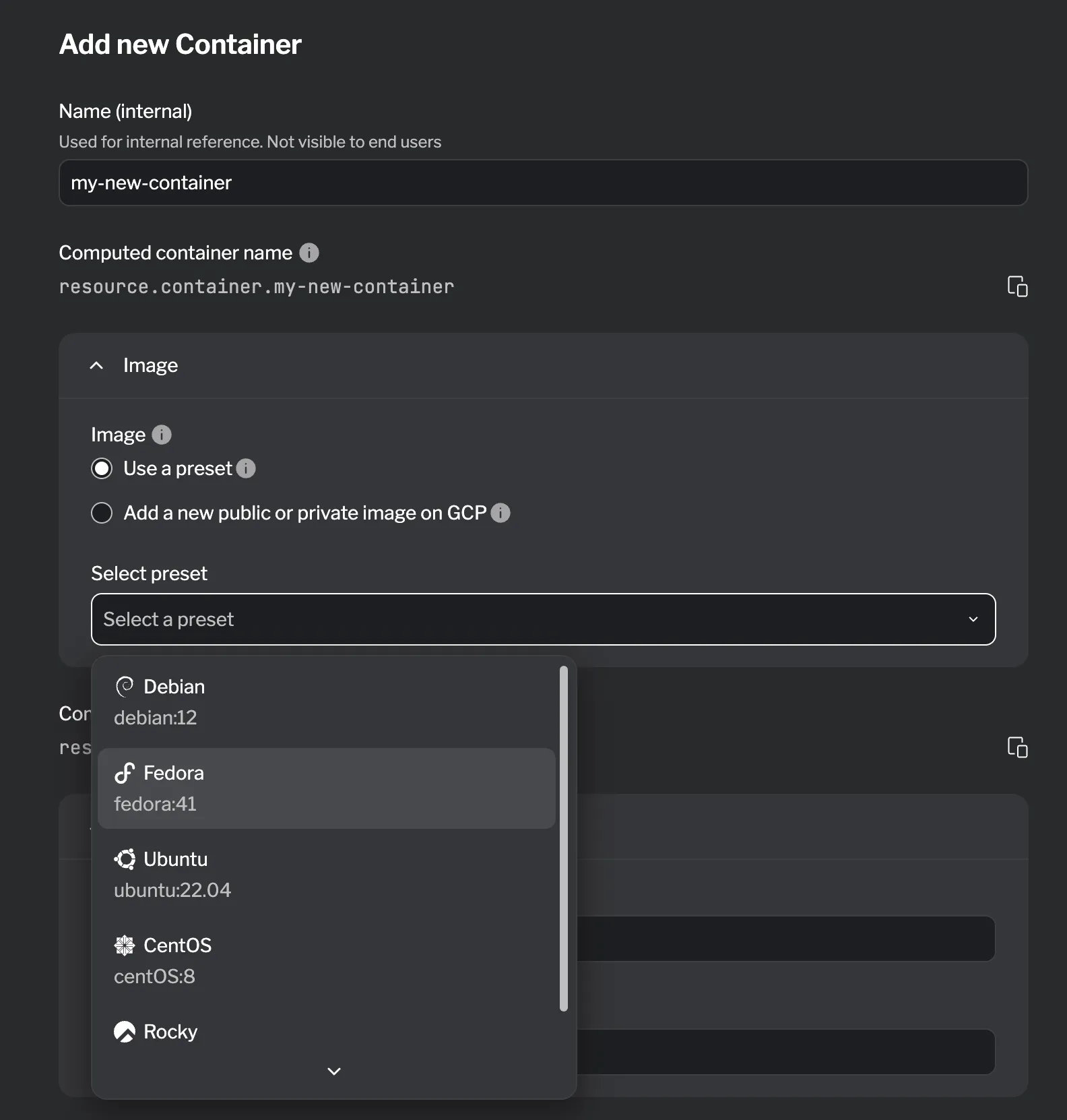 Select a preset for the container