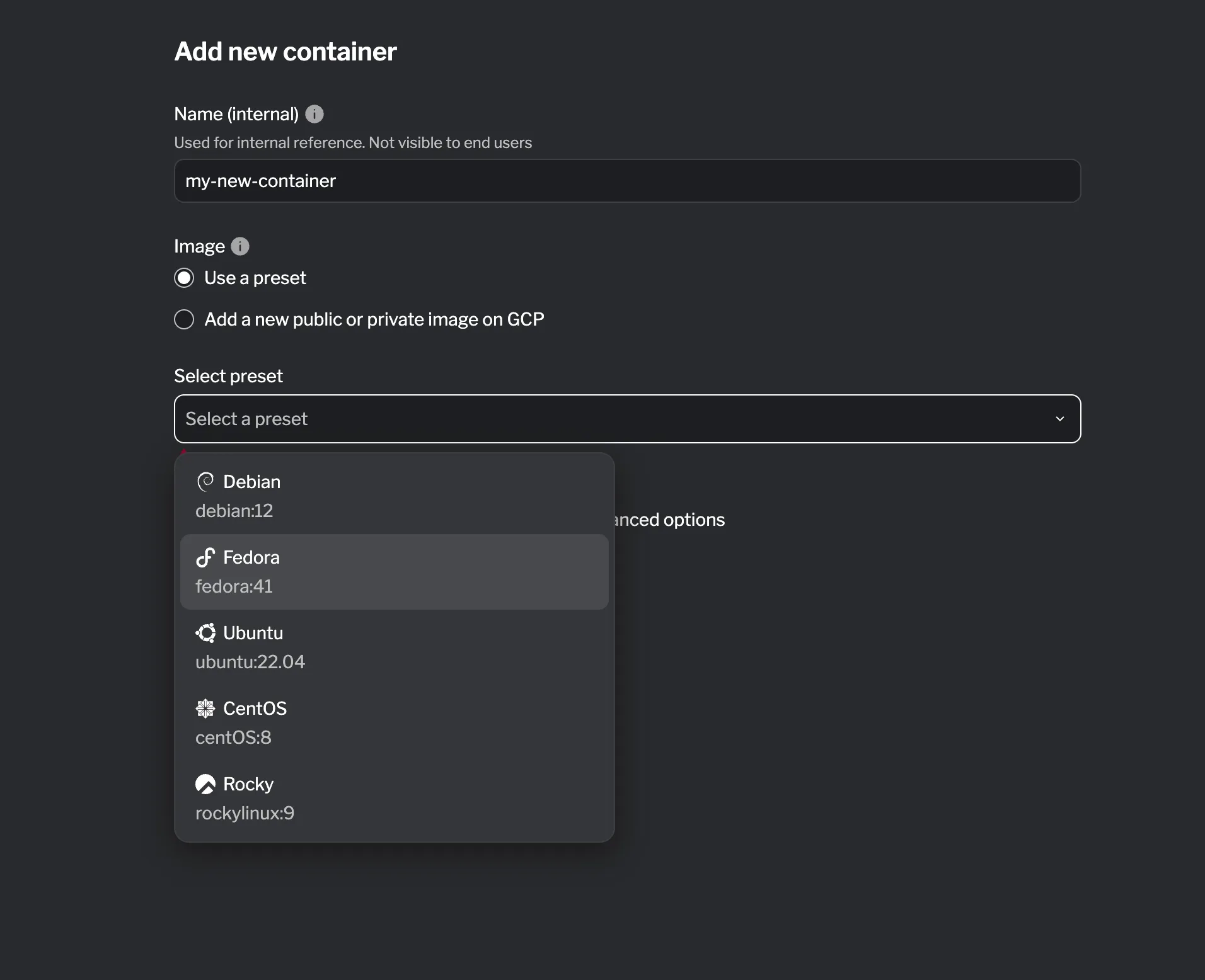 Select a preset for the container Select a preset for the container